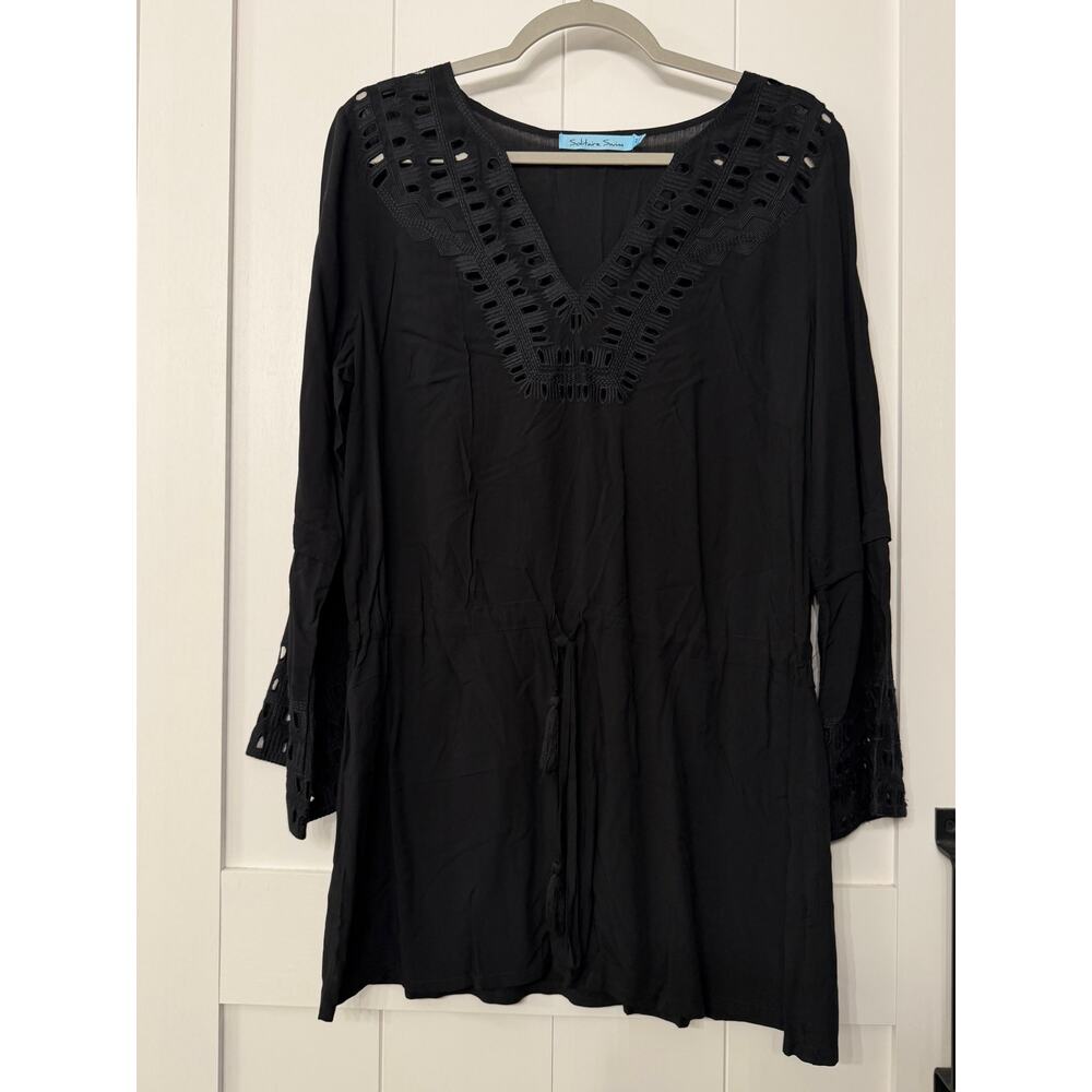 Solitaire Swim Crochet Cover-Up Dress Women Size M black Boho Beach Fairycore